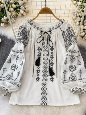 Bohemian Embroidered Blouse With Tassel Tie in White, model styling view