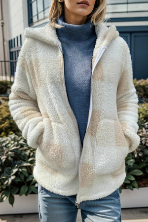 Sherpa zip-up jacket with hood in cream and tan plaid, featuring pockets.