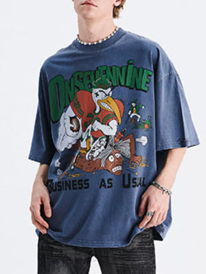 Sapphire blue oversized cotton tee with vintage eagle graphic and text.