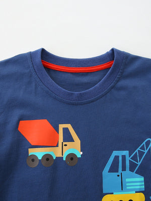 Navy cotton t-shirt with crew neck and construction truck graphic.