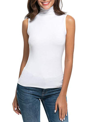 White sleeveless turtleneck t-shirt with a fitted silhouette.