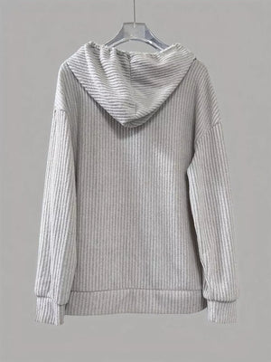 Light Gray ribbed knit button-front hoodie with drawstring and cuffed sleeves.