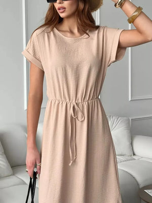 Casual Drawstring Waist Midi Dress in Deep Rose, model styling view
