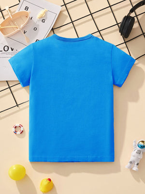 Toddler blue short sleeve t-shirt with crew neck and a dinosaur excavator graphic on the front.
