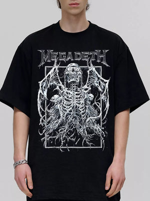 Black cotton blend crew neck tee with edgy vintage skeleton graphic and band logo.