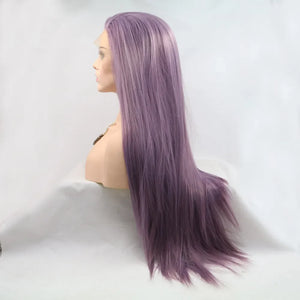 Lavender Luxe lace front wig with straight silhouette and long purple hair.