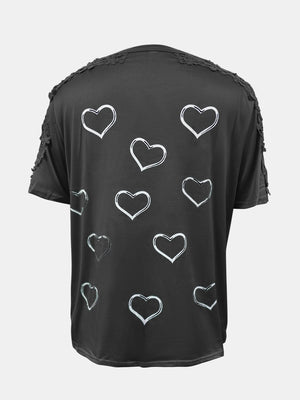 Black t-shirt with white heart print and lace trim on shoulders and sleeves.