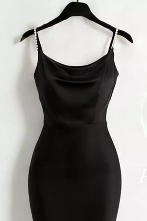 Black satin cowl neck maxi dress with pearl-embellished straps