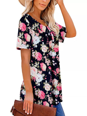 Black floral ruched v-neck t-shirt with button detail and short sleeves.