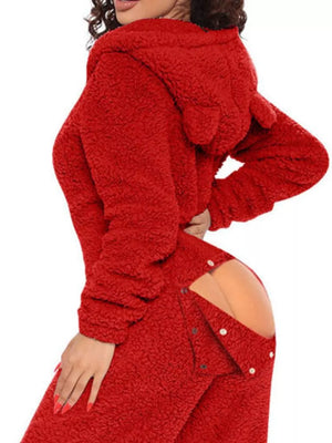 Red fleece hooded romper with button-back detail and bear ears