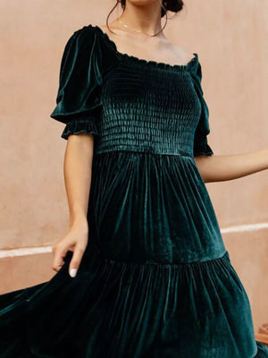 Velvet midi dress in Army Green with smocked bodice and ruffled short sleeves.