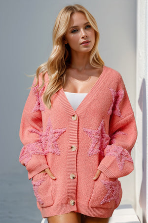 Coral textured starburst pocket cardigan with button front and V-neck.