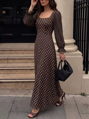 Polka Dot Square Neck Long Sleeve Maxi Dress in Brown, model styling view