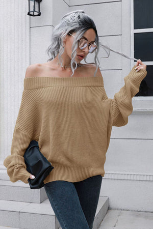 Camel off-shoulder ribbed sweater with balloon sleeves and a relaxed fit.