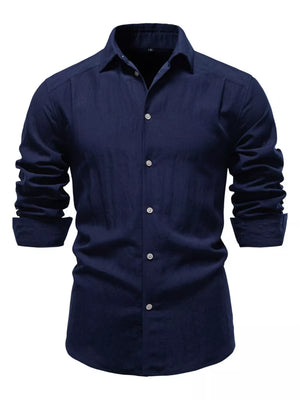 Navy blue cotton button-up shirt with classic collar and long sleeves.