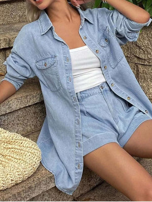 Denim button-up shirt and shorts set in light blue, cotton.
