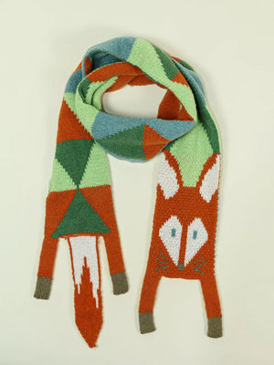 Chunky knit scarf with fox design, geometric pattern in orange, green, and blue.