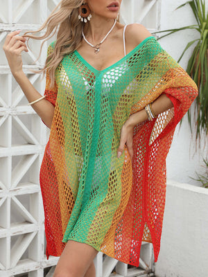 Ombre crochet kaftan cover-up with V-neck and short sleeves in red-violet, green, and yellow.