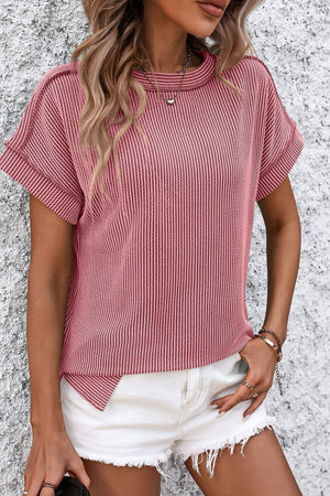 Deep Rose vertical ribbed tunic tee with split hem and short sleeves.