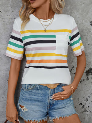 White t-shirt with rainbow stripes and a chest pocket.