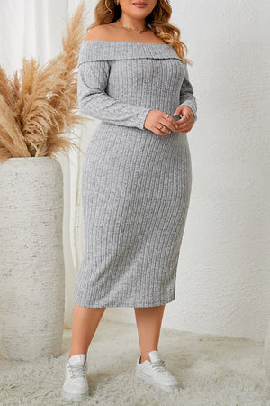Ribbed knit midi dress in heather gray with off-the-shoulder neckline and long sleeves.