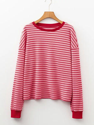 red t-shirt featuring drop shoulder and striped