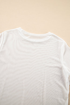 White sheer overlay tee with crew neck and short sleeves