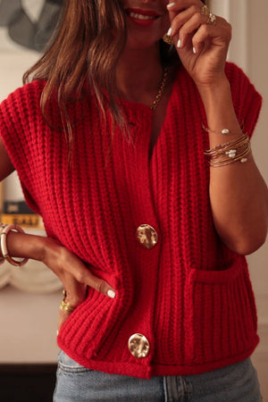 Chunky knit vest in deep red with statement gold buttons and pockets.
