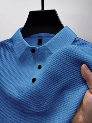 Blue textured weave polo shirt with maxi collar and black buttons