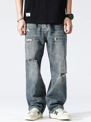 Men's Distressed Loose Fit Jeans in Blue, front view