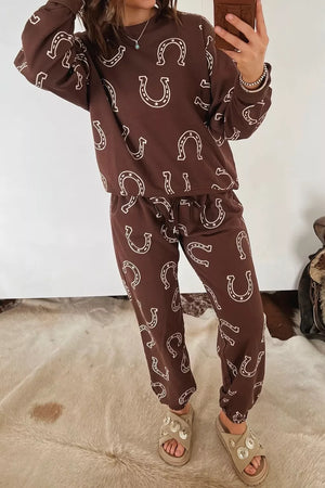 Western Print Elastic Waist Pocket Pant Set in Coffee Brown, front view