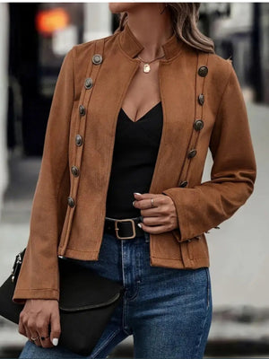 Brown suede military-inspired jacket with double-breasted button detail