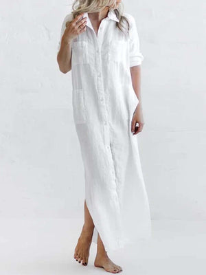 Full Size Casual Button-down Maxi Shirt Dress in White, back view