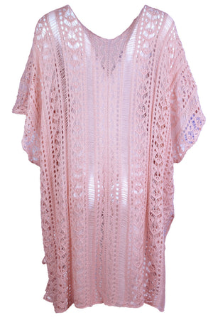 Dusty Pink open-knit V-neck beach cover-up with short sleeves and a relaxed fit.