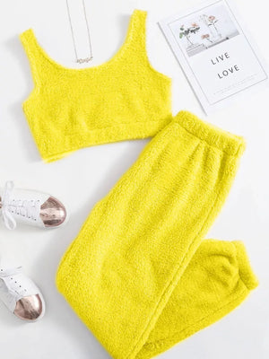 Cozy Plush Cropped Tank And Pants Lounge Set in Pink, model styling view