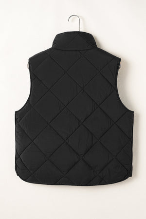 Black quilted stand collar vest with diamond pattern.