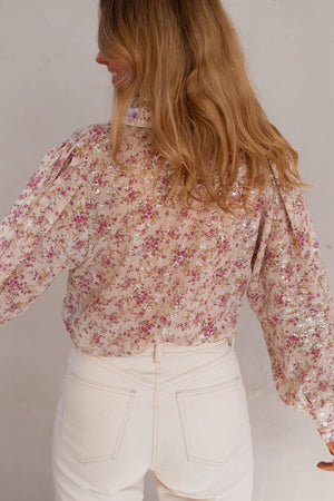 Sequin floral print relaxed fit blouse in dusty pink with puff sleeves.