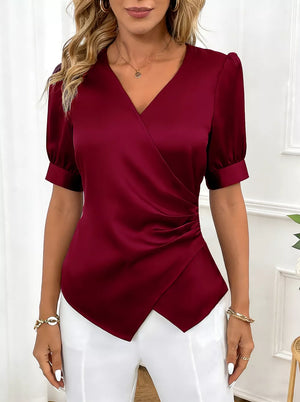 Burgundy satin surplice v-neck blouse with ruched side detail and puff sleeves