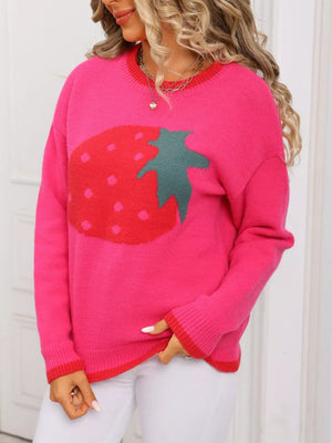 Rose red acrylic blend sweater with a large strawberry graphic, crew neck, and ribbed cuffs.