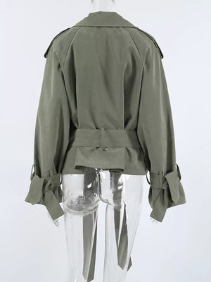Lapel Collar Belted Cropped Trench in Moss, fit detail