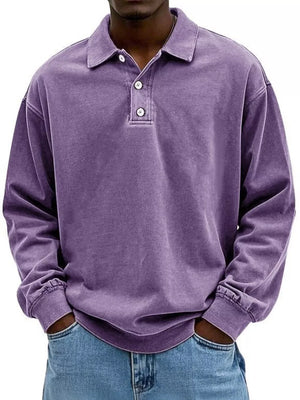 Purple vintage washed long sleeve cotton polo shirt with button detail.