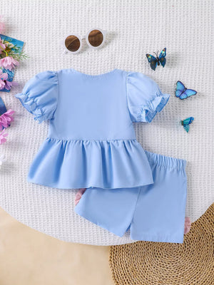 Children's Bow Puff Sleeve Top And Shorts Set in Blue, fit detail