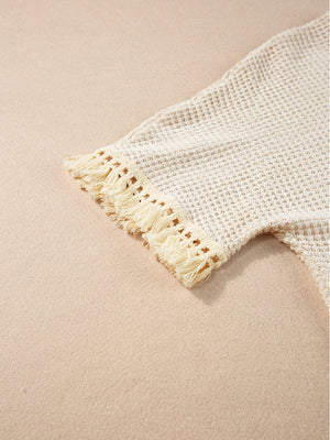 Cream waffle knit set with fringe trim detail