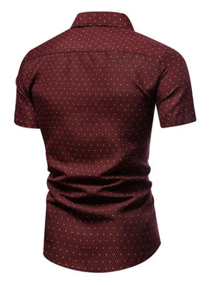 Men's burgundy slim fit short sleeve shirt with white dot pattern