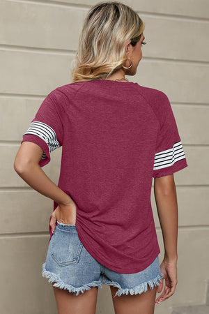 Burgundy raglan sleeve tee with varsity stripes on sleeves