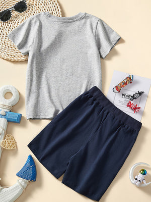 Toddler grey cotton tee and navy elastic waist shorts set.
