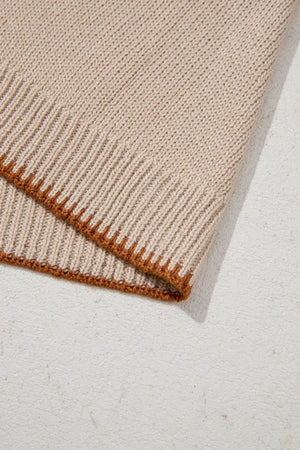Howdy Textured Knit Sweater Vest in beige acrylic with brown trim detail