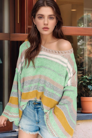 Open-shoulder stripe knit pullover in gum leaf with boatneck and crochet trim detail.