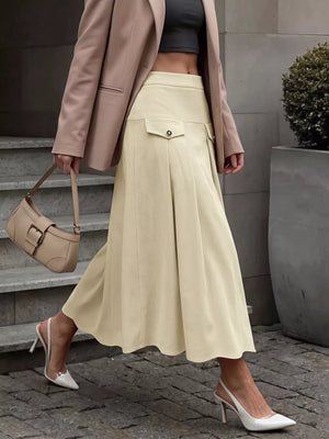 High Waist Pleated Midi Skirt in Khaki, side view