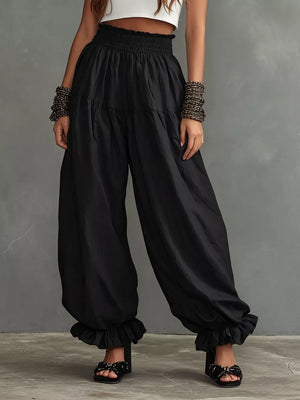 Full Size Smocked Ruffle Hem Wide Leg Pants in Mustard, front view